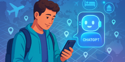 “Un viaggiatore moderno con smartphone in mano, interfaccia AI luminosa, mappa digitale, stile realistico, colori vividi, atmosfera tecnologica e ispirazionale.”