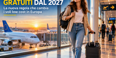 Fotorealistic travel journalism scene, modern European airport terminal at sunrise, smiling traveler walking confidently with small trolley and backpack, departure gates in background, aircraft visible through panoramic glass windows, warm golden light, ultra realistic details, cinematic composition, professional travel magazine cover style, dynamic perspective, vibrant colors, high contrast, shallow depth of field, premium editorial photography, sense of freedom and innovation in air travel, realistic airport atmosphere, 8K quality, no text, no watermark, no logo, Google Discover style, highly engaging thumbnail composition.
