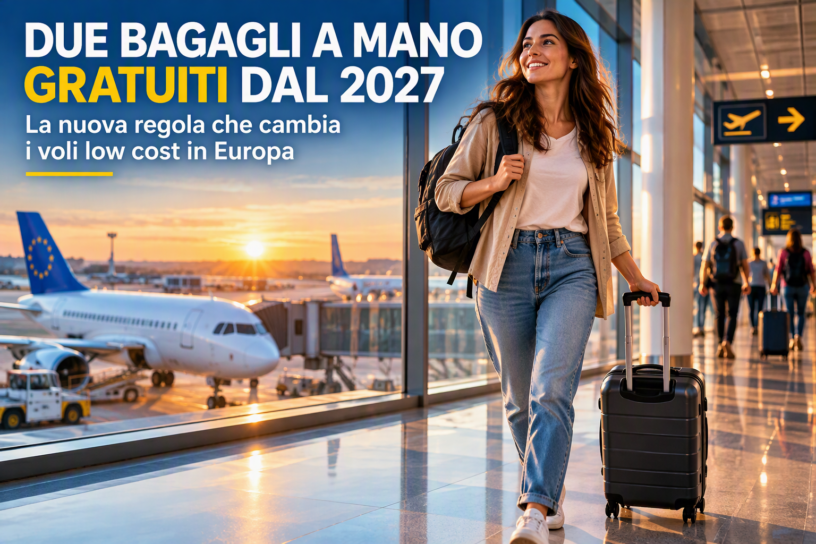 Fotorealistic travel journalism scene, modern European airport terminal at sunrise, smiling traveler walking confidently with small trolley and backpack, departure gates in background, aircraft visible through panoramic glass windows, warm golden light, ultra realistic details, cinematic composition, professional travel magazine cover style, dynamic perspective, vibrant colors, high contrast, shallow depth of field, premium editorial photography, sense of freedom and innovation in air travel, realistic airport atmosphere, 8K quality, no text, no watermark, no logo, Google Discover style, highly engaging thumbnail composition.