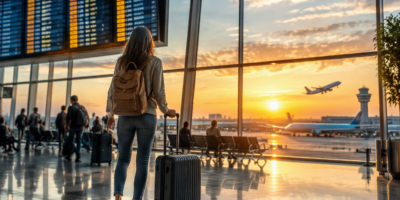 Fotografia ultra realistica, viaggiatore in aeroporto moderno davanti a un grande tabellone partenze digitali, trolley elegante, luce dorata dell'alba che filtra dalle vetrate panoramiche, aeroplani sullo sfondo pronti al decollo, atmosfera di attesa e avventura, dettagli estremamente nitidi, stile reportage di viaggio premium, colori vividi ma naturali, profondità cinematografica, riflessi realistici sul pavimento, composizione editoriale da copertina magazine travel, qualità 8K, fotorealismo assoluto, emozione, senso di scoperta e libertà, senza testi, senza loghi, orientamento orizzontale 16:9.