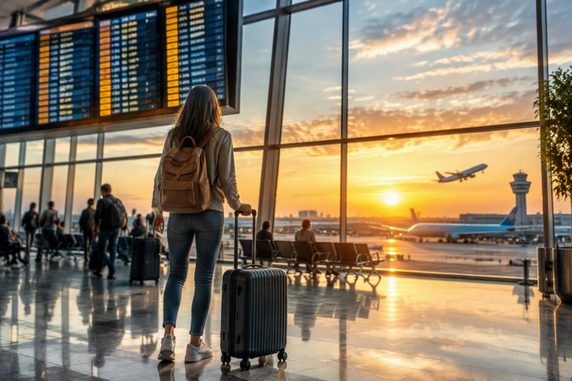 Fotografia ultra realistica, viaggiatore in aeroporto moderno davanti a un grande tabellone partenze digitali, trolley elegante, luce dorata dell'alba che filtra dalle vetrate panoramiche, aeroplani sullo sfondo pronti al decollo, atmosfera di attesa e avventura, dettagli estremamente nitidi, stile reportage di viaggio premium, colori vividi ma naturali, profondità cinematografica, riflessi realistici sul pavimento, composizione editoriale da copertina magazine travel, qualità 8K, fotorealismo assoluto, emozione, senso di scoperta e libertà, senza testi, senza loghi, orientamento orizzontale 16:9.